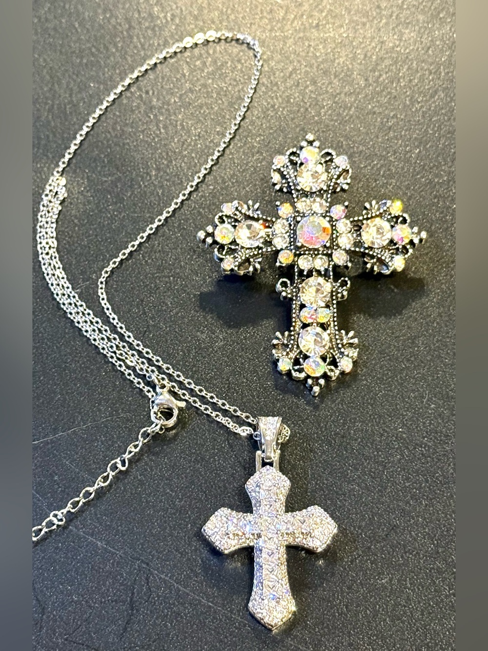 Silver Crystal Cross Necklace with Aurora Accent Stones & Matching Brooch Set 🤩